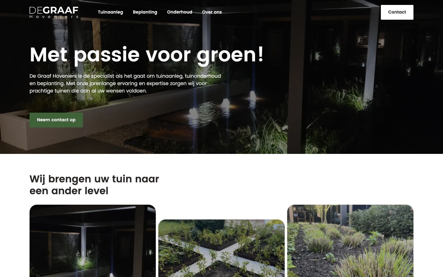 Website van De Graaf Hoveniers met tuinaanleg, beplanting en onderhoud