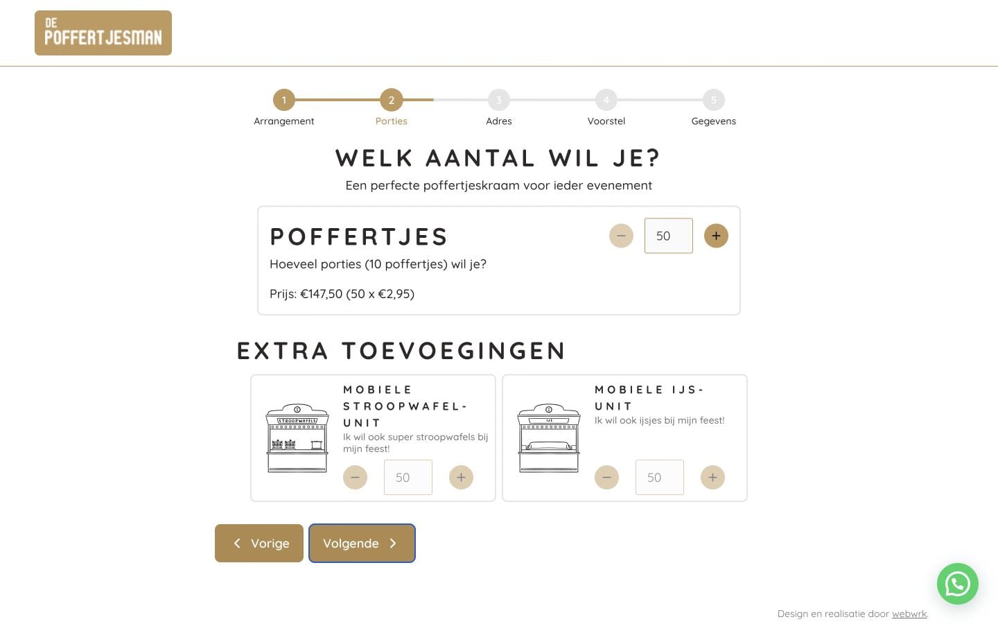 De Poffertjesman calculator met aantal porties en extra opties
