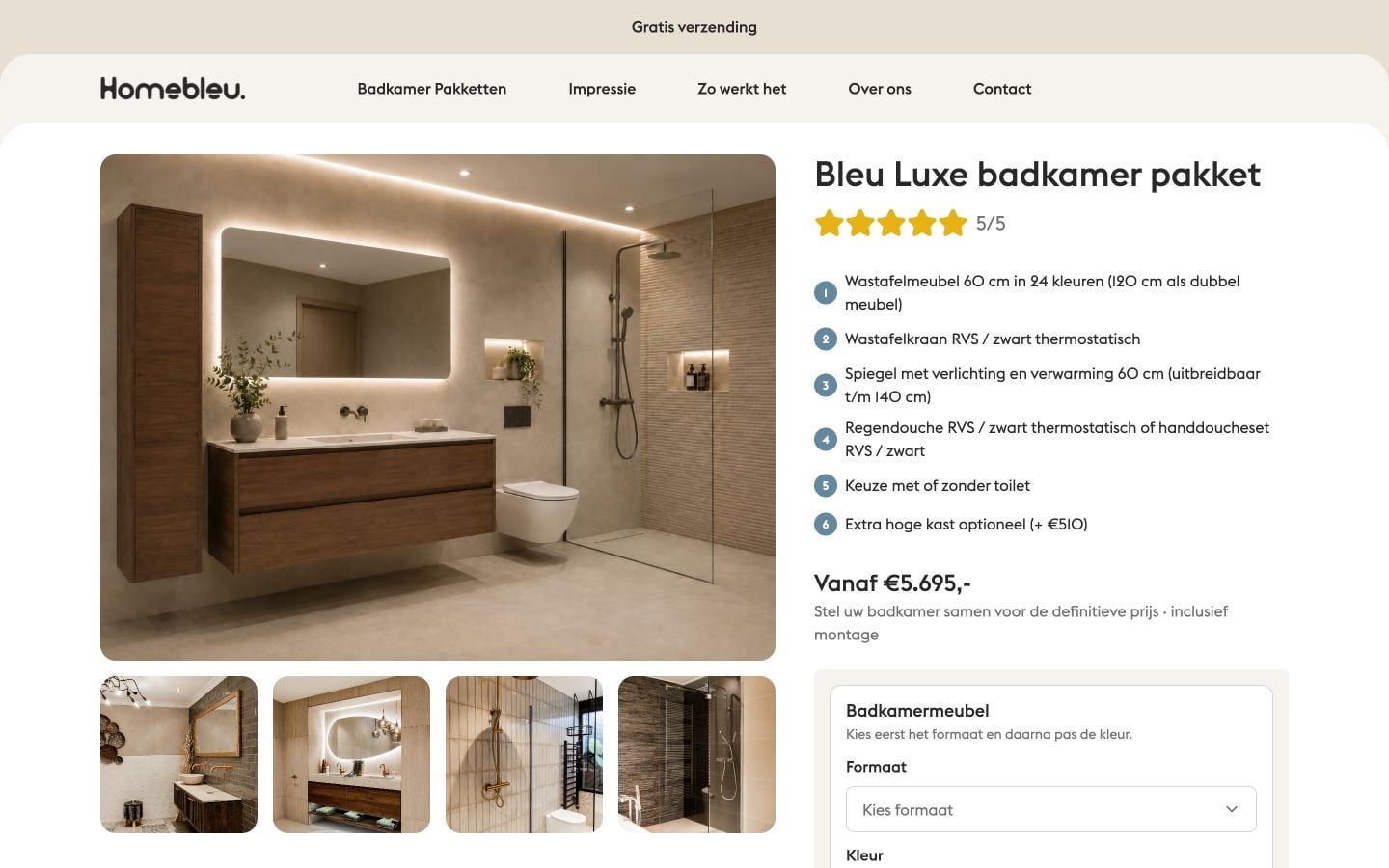 De Bleu Luxe configurator met keuzes voor meubel, spiegel, douche en toilet