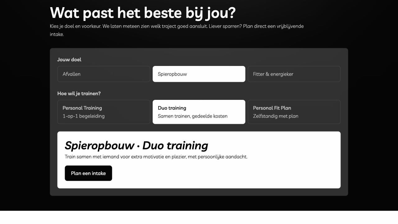 STRKR-PT keuzehulp met Spieropbouw en Duo training geselecteerd en het bijbehorende advies
