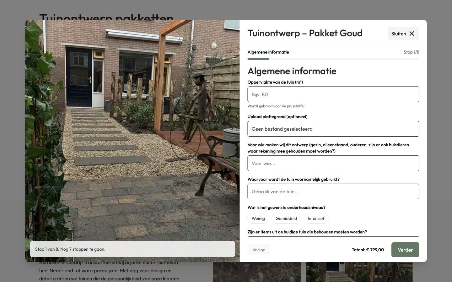 Uit & Tuin vragenlijst voor een tuinontwerp met pakket en prijsopbouw